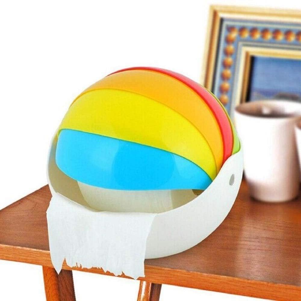 A colorful, rainbow-layered tissue box with a white base sits on a wooden surface, dispensing a white tissue. tissue box, rainbow, colorful, home decor, dispenser.