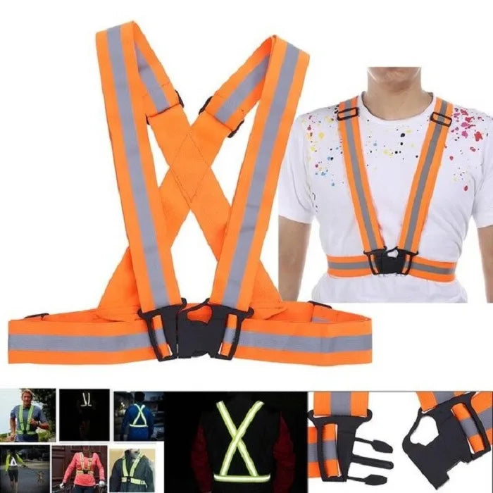 An orange Reflective Vest Adjustable Safety Belt is shown alongside various images illustrating its use. The main image displays the vest with its reflective silver stripes and adjustable black buckles. Smaller images show people wearing the vest during activities like running and working at night, highlighting its visibility. Reflective vest, adjustable safety belt, high visibility, night safety, running gear, workwear, home improvement, tool store, home essential.