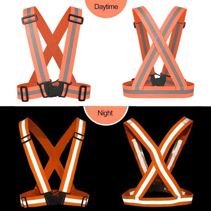  The image is split into two sections, Daytime and Night. The Daytime section shows two views of an orange high-visibility reflective vest belt jacket with grey reflective stripes. The Night section shows the same vest illuminated in the dark, with the reflective stripes appearing bright white. Fell-Track Visibility Protective Safety Reflective Vest Belt Jacket Night Cycling Reflector Safety J, high visibility vest, reflective jacket, safety wear, night safety, cycling reflector, home improvement, tool stor