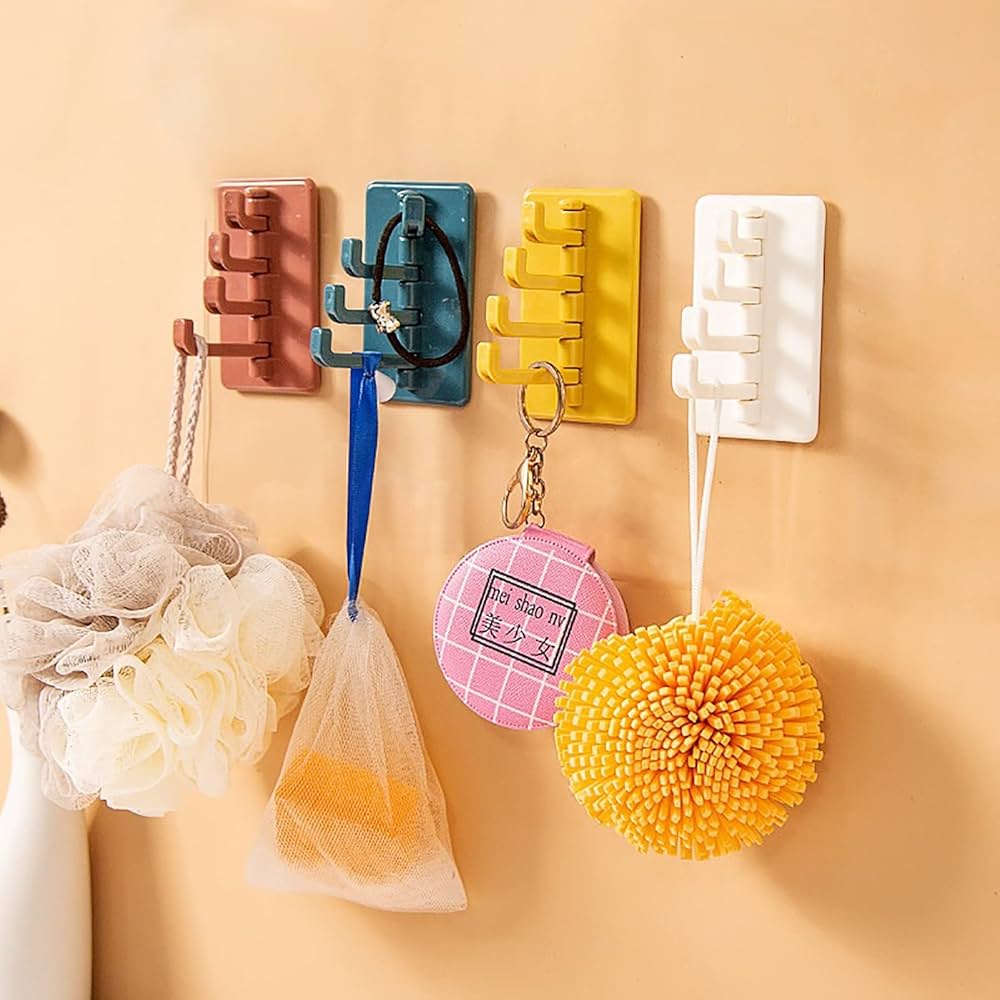 Rotatory Multi-Purpose 4-Hook with Adhesive Sticker – Kitchen & Home Use (Random color-Pack of 1)