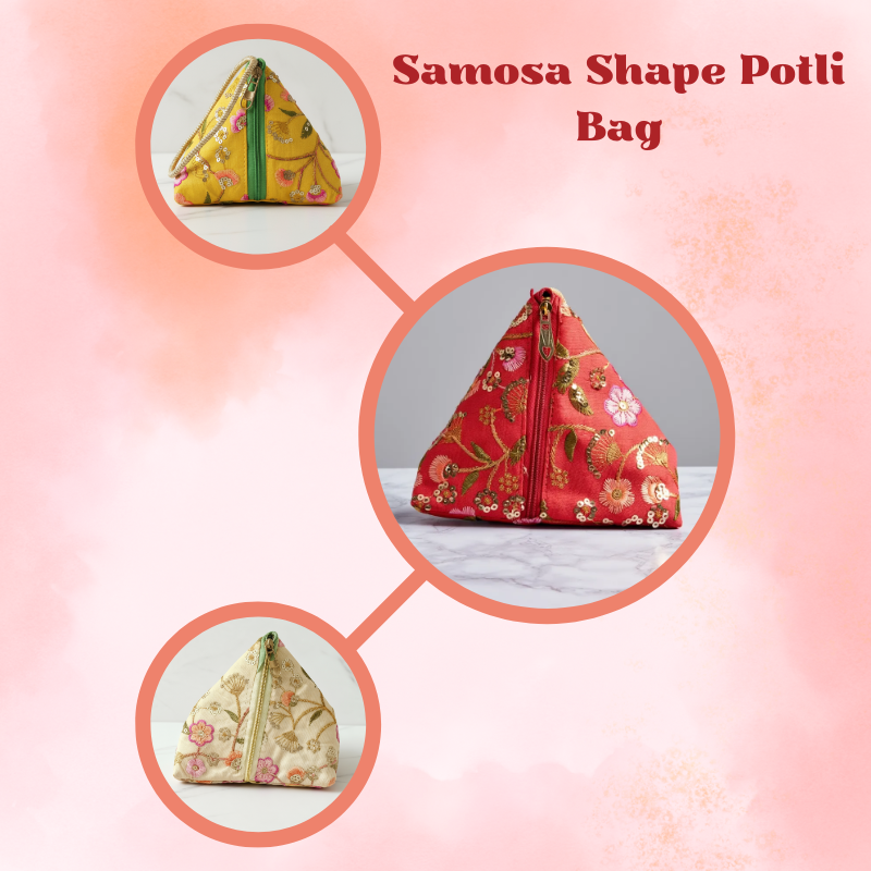 Samosa Triangle Shape Potli Bag Purse with Zipper for Women – Retro Silk Hand-Carry Ethnic Pouch for Parties & Festive Occasions(Random color-Pack of 1)