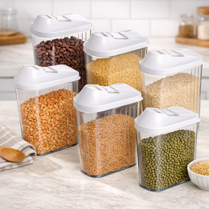 Set of 6 Plastic Kitchen Storage Jars with Easy-Flow Lids – Multipurpose Airtight Containers for Spices, Grains & Snacks