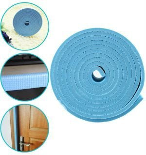  A roll of light blue ShopCentre protective tape is shown with inset images of its texture and potential applications on furniture and door edges.ShopCentre, protective tape, edge protector, safety bumper.
