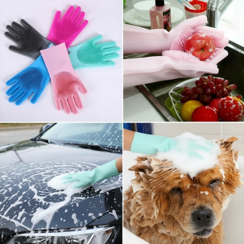 Multipurpose Silicone Scrubbing Hand Gloves for Dishwashing, Cleaning & Utensils – Heat Resistant & Reusable Gloves (Random color-Pack of 1)