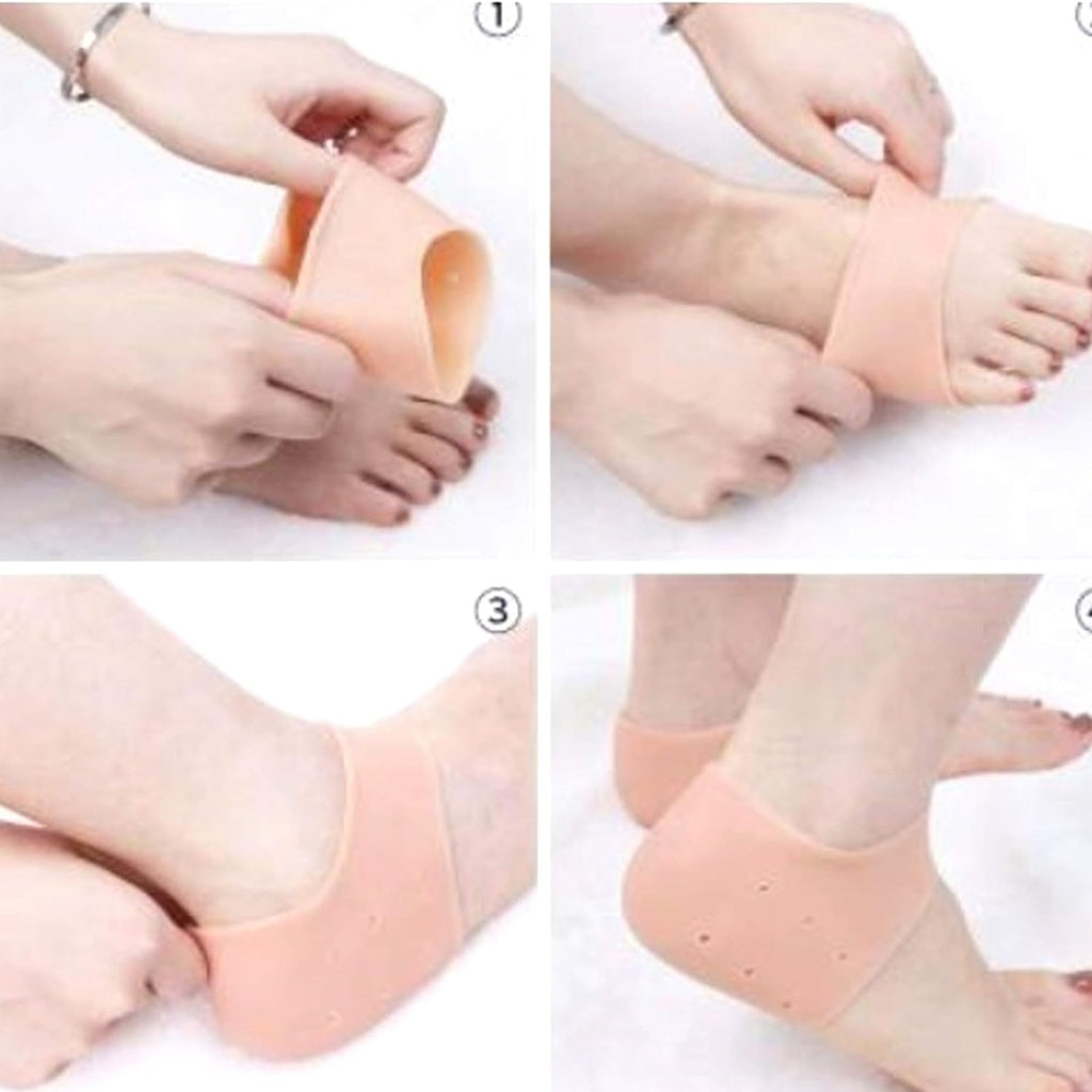A four-panel image demonstrates how to wear silicone gel heel pad socks. Panel 1 shows hands holding and opening the beige silicone sock. Panel 2 shows the sock being pulled over the heel and foot. Panel 3 shows the sock fully covering the heel. Panel 4 shows both feet wearing the silicone heel pad socks.silicone heel pad socks, heel sleeves, heel protectors, foot care, dry cracked heels, plantar fasciitis, moisturizing socks, health and personal care.