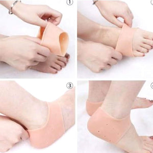 A four-panel image demonstrates how to wear silicone gel heel pad socks. Panel 1 shows hands holding and opening the beige silicone sock. Panel 2 shows the sock being pulled over the heel and foot. Panel 3 shows the sock fully covering the heel. Panel 4 shows both feet wearing the silicone heel pad socks.silicone heel pad socks, heel sleeves, heel protectors, foot care, dry cracked heels, plantar fasciitis, moisturizing socks, health and personal care.