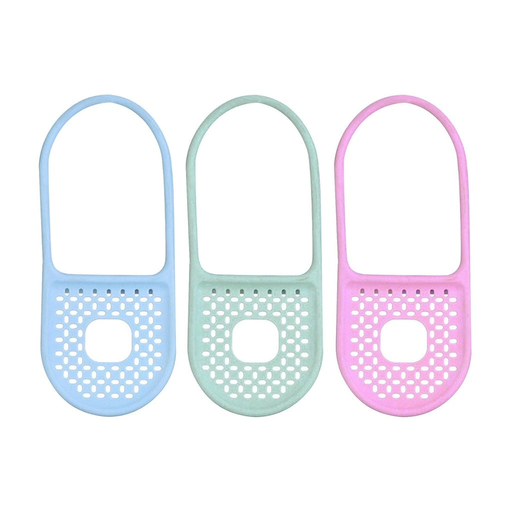 Three foldable silicone sink caddies in light blue, light green, and light pink are arranged vertically against a white background. Each caddy has a hanging loop and a perforated bottom with a central square opening.sink caddy, sponge holder, sink organiser, kitchen organiser, dish sponge holder, silicone caddy, foldable caddy, kitchen accessories, household items, kitchen items, bathroom storage.