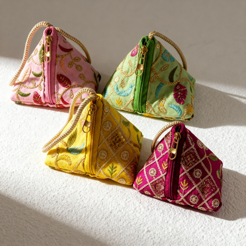 Stylish Samosa Shaped Potli Bags for Women – Silk Pull-On Potli Purse, Waterproof Ethnic Gift Pouch for Weddings & Parties(Random color-Pack of 1)