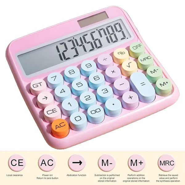 A hand holds a Pink, vintage typewriter-style solar-powered calculator. The calculator features large, round, pastel-colored keys and a 12-digit display showing "123456789066." The calculator has solar panels at the top and various function buttons including GT, M, %, OFF, MRC, M-, √, x, -, +, CE, AC, 0, and 00. 