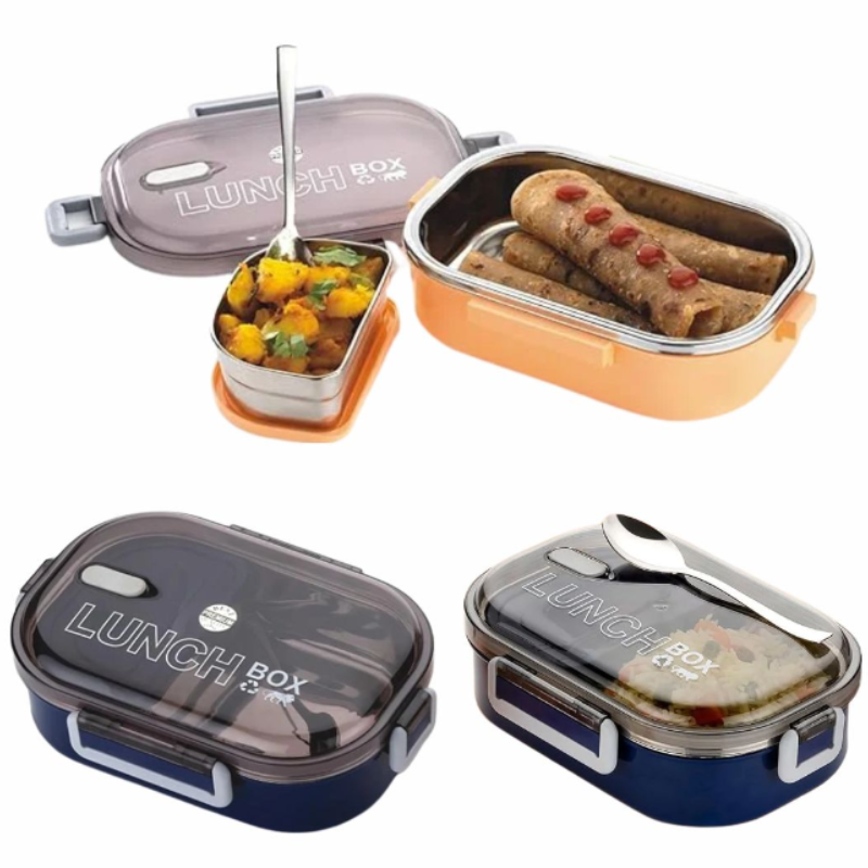 Stainless Steel Insulated School Time Lunch Box – Keeps Food Warm for School & Office Meals (Random Color – Pack of 1)