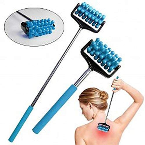 A blue telescopic back massager is shown with a close-up of the roller and a woman using it.back massager, telescopic, roller, pain relief.