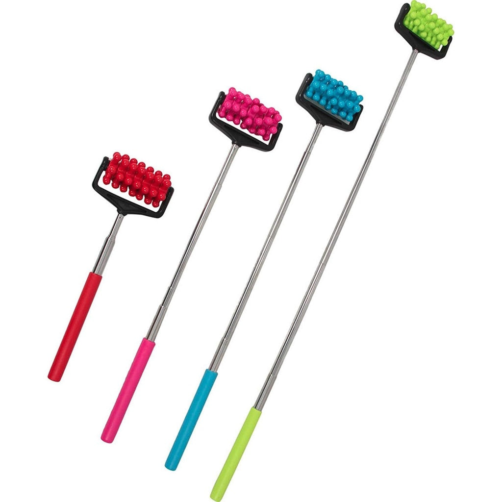 Four telescopic back rollers with red, pink, blue, and green rollers and handles. back roller, massager, telescopic, pain relief.