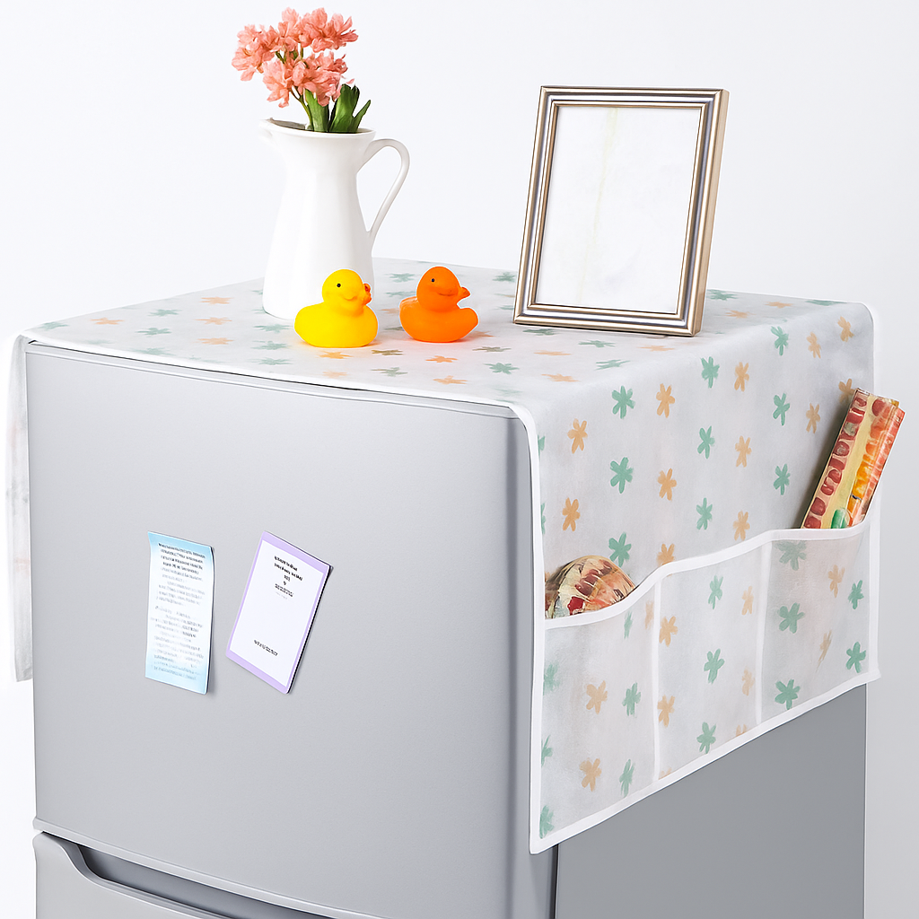 Transparent Waterproof Fridge Cover with Storage Pockets – Dust-Proof Refrigerator Top Cover (Random Print- Pack of 1)
