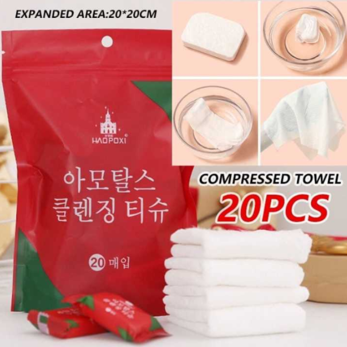 Travel Compressed Tissue Pack – 20 Pcs Pocket-Sized Disposable Towels (100% Natural Fiber)