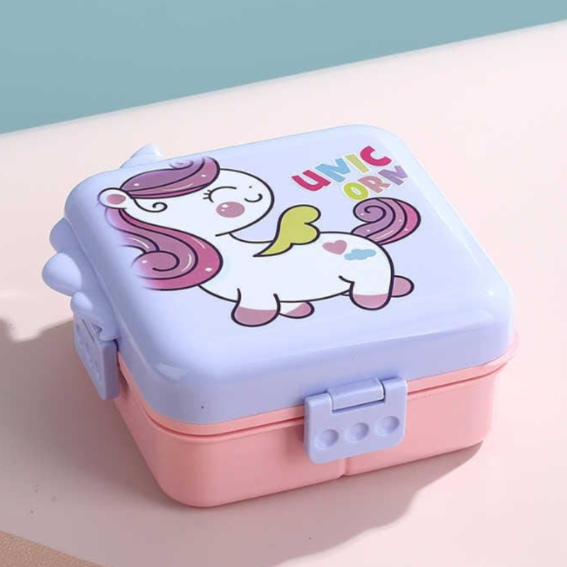 Unicorn Square Kids Lunch Box | Stainless Steel Inner with Plastic Outer | Cute School Tiffin (Random Color- Pack of 1)