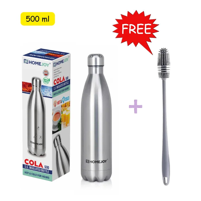 12 Hours Cold Water Guarantee Home Joy Hot & Cold Cola Bottle 500 ml + Free Bottle Brush, Stainless Steel Water Bottle