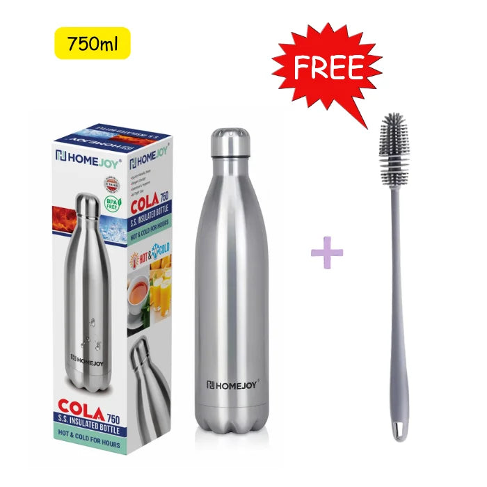 12 Hours Cold Water Guarantee Home Joy Hot & Cold Cola Bottle 750ml + Free Bottle Brush, Stainless Steel Water Bottle