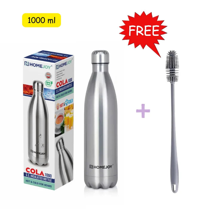 12 Hours Cold Water Guarantee Home Joy Hot & Cold Cola Bottle 1000 ml + Free Bottle Brush, Stainless Steel Water Bottle