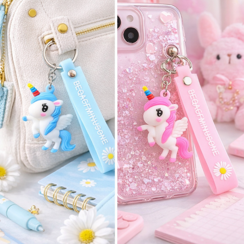 6 Pcs Unicorn Keychain with Strap – Cute Unicorn Bag Charm & Keyring with Hanging Strip for Kids & Girls(Random color)
