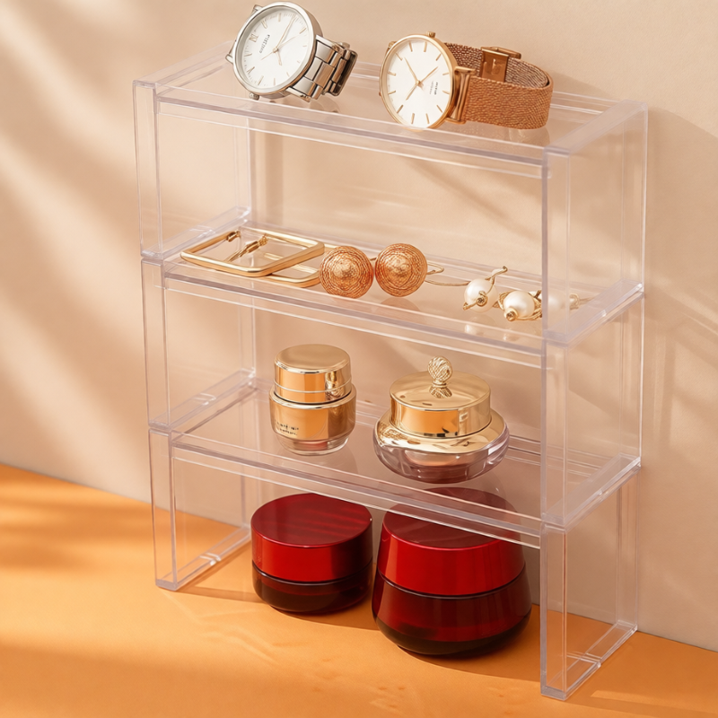 Transparent Stackable Desktop Storage Rack – Multi-Purpose Organizer for Office, Makeup & Home (Pack of 1)