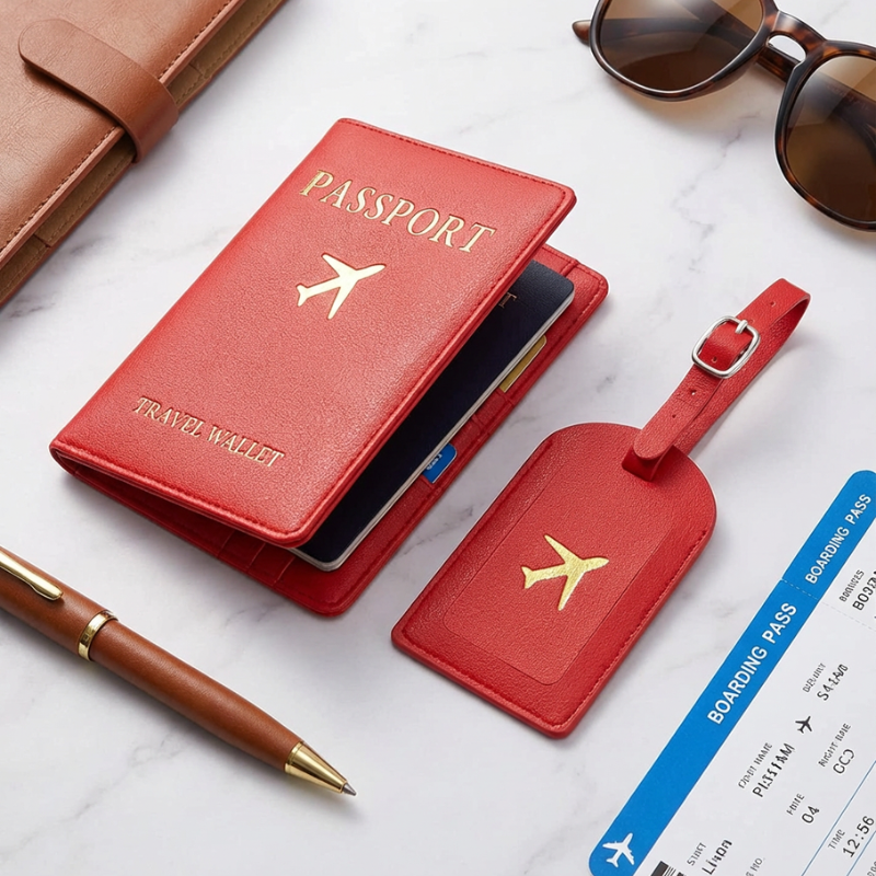 Passport Holder with Luggage Tag – Travel Passport Cover & Bag Identifier Name Address Tag Set (Random Color-Pack of 1)