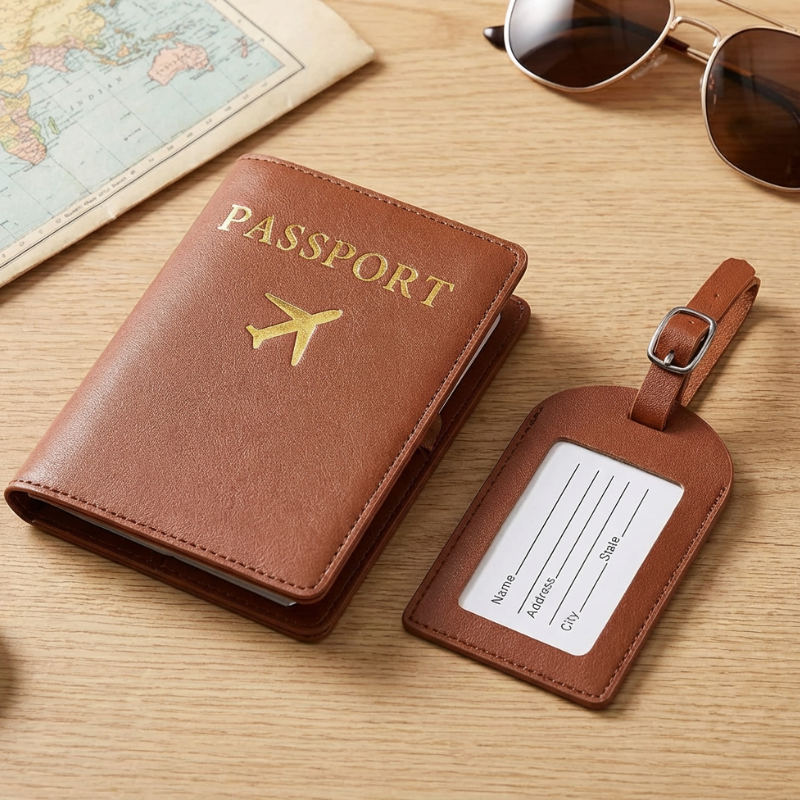 Passport Holder with Luggage Tag – Travel Passport Cover & Bag Identifier Name Address Tag Set (Random Color-Pack of 1)