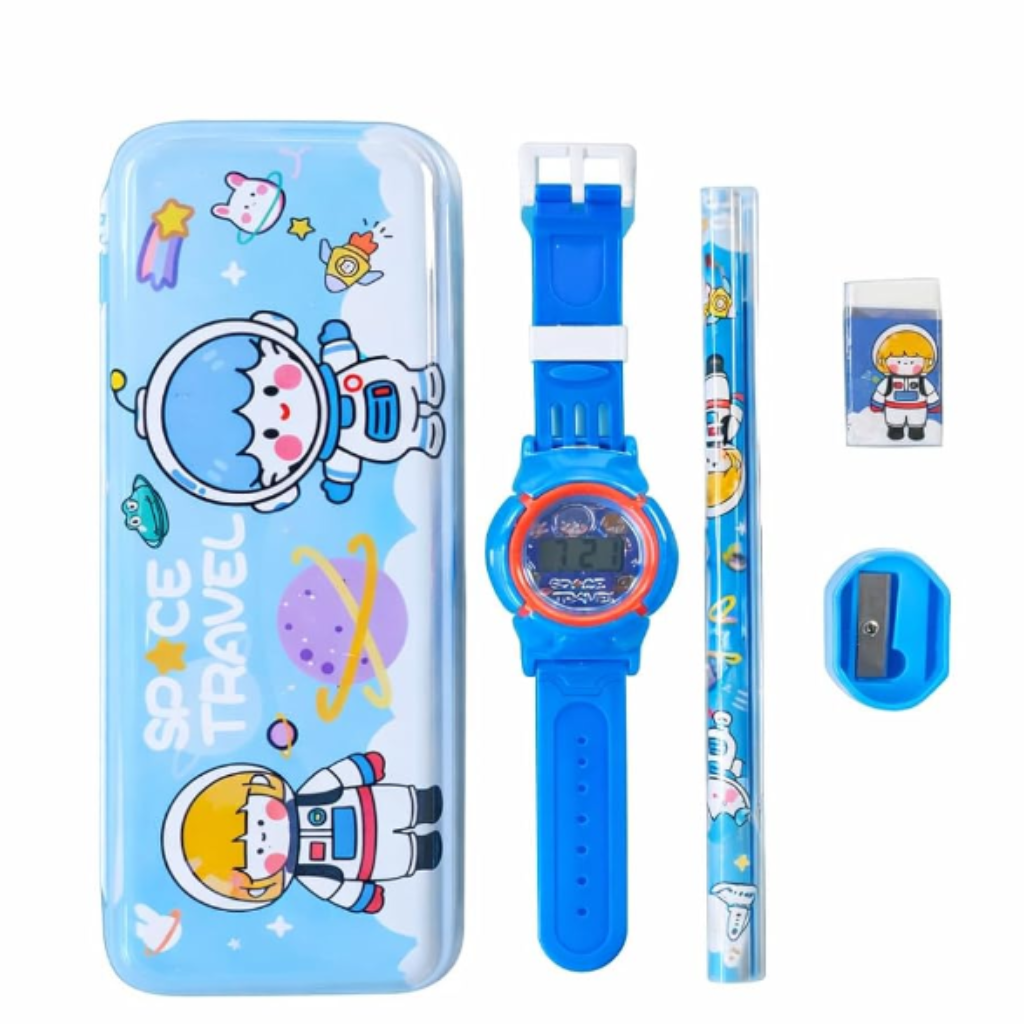 Kids Digital Watch with Stationery Combo Set – Cartoon Wrist Watch & School Stationery Kit for Children (Random Color-Pack of 1)