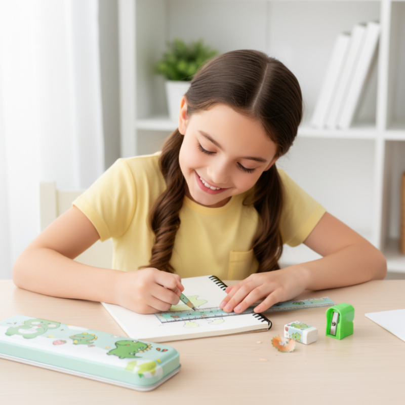 Multifunctional School Pencil Box Stationery Set – Pencil Case with Pencil, Sharpener, Eraser & Ruler (Random Theme-5-Piece Set)