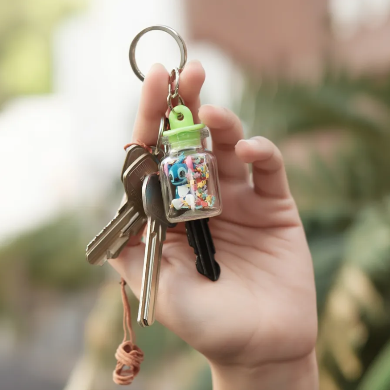 12 Pcs Disney Stitch Bottle Keychain – Cute Cartoon Stitch Figure Inside Mini Glass Bottle Key Ring