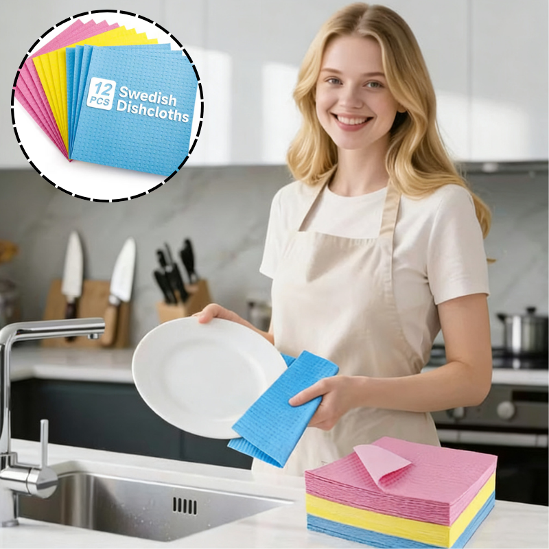 12-Pack Square Design Swedish Dishcloths – Heavy-Duty, Super Absorbent & Quick-Drying Cleaning Cloths