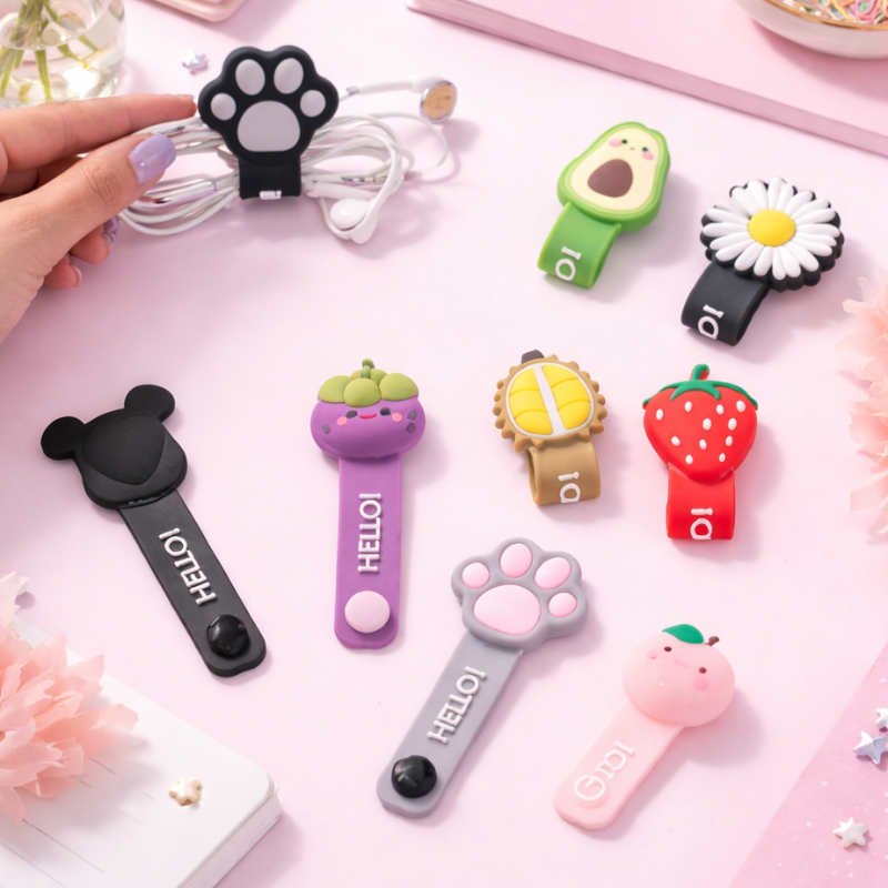 Tangle-Free Cartoon Earphone Wire Wrap Winder – Cute Cable Manager & Holder Strap (Random Cartoon design-Pack of 1)