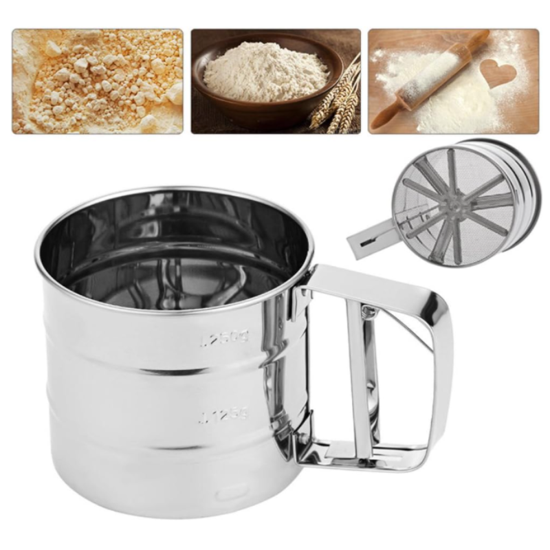 Manual Flour Sifter Powder Sieve – Stainless Steel Hand Press Baking Strainer for Atta, Maida & Sugar (Pack of 2)
