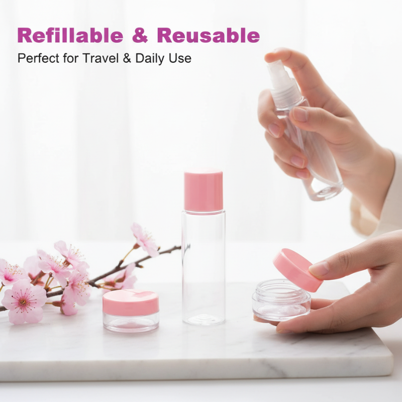 7-Piece Travel Size Cosmetic Bottle Kit – Portable Refillable Travel Containers Set for Shampoo, Lotion & Toiletries