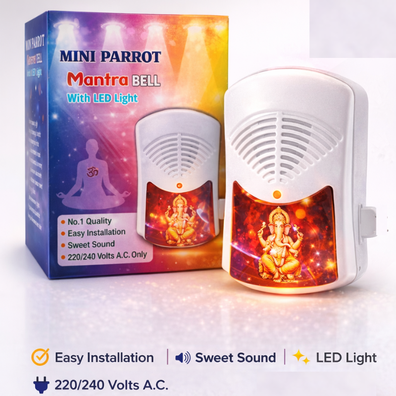 22 in 1 Mini Parrot Mantra Bell with LED Light – Decorative Pooja Bell for Home, Temple & Gifting