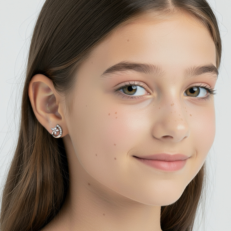 Chic Cubic Zirconia Swirl Stud Earrings for Teens – Silver Tone Hypoallergenic Flower & Teardrop Design Jewelry (1 Pair)