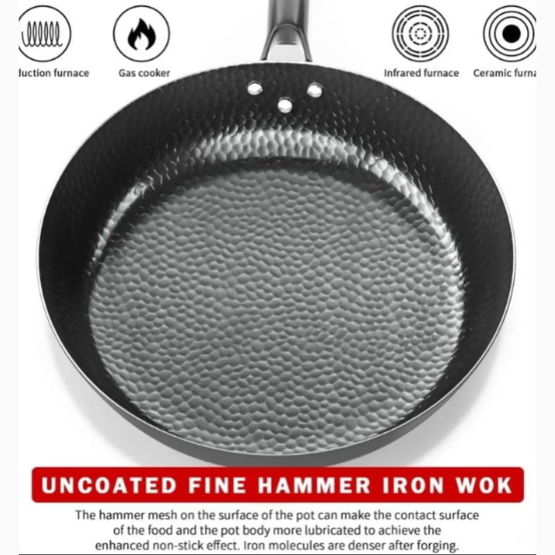 28cm Carbon Steel Frying Pan – Pure Hand-Hammered Traditional Wok with Flat Bottom, Durable Stir-Fry Pan for All Stoves (Gas, Induction, Electric)