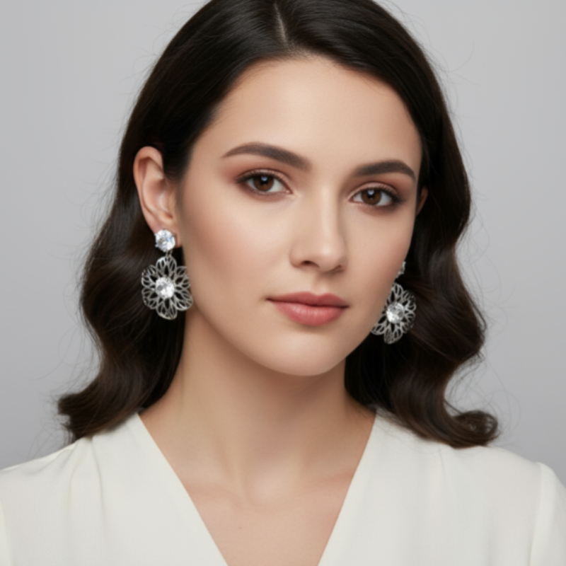 Elegant Flower Drop Earrings with Diamond –  Floral Dangle Jewelry for Women, Party & Wedding Wear(Random color-1 Pair)