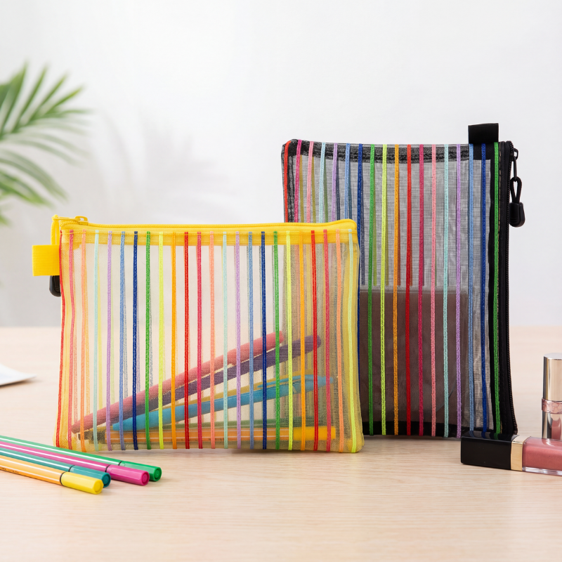 Transparent Zippered Nylon Mesh Pouch – Multi-Purpose Utility Bag for Stationery, Cosmetics, Travel & Return Gifts (Random color-Pack of 1)