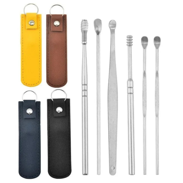 6 Pcs Stainless Steel Ear Cleaning Tools with Leather Cover – Reusable Earwax Removal Kit for Safe & Hygienic Ear Care (Random Colour)