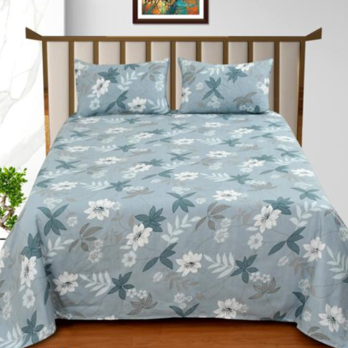 Premium Floral Printed Bedsheet Set – Soft Cotton Feel Bedsheet with 2 Pillow Covers – Elegant Pastel Blue Bedroom Decor Set