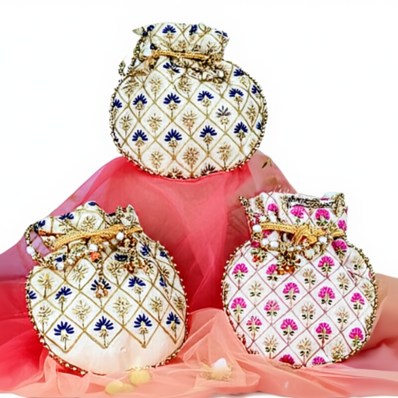 Cremon Floral Potli Bags with Beaded Handle – Raw Silk Traditional Potli Pouches for Women, Return Gifts & Party Favors(Pack of 1)
