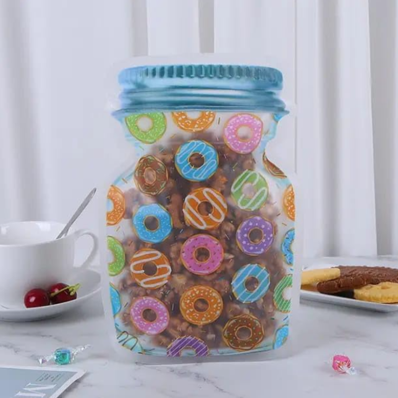 Jar-Shaped Ziplock Food Storage Bags – Airtight BPA-Free Snack & Dry Food Pouches with Donut Print (1 Big +1 Small Jar-Set of 2 PCs)