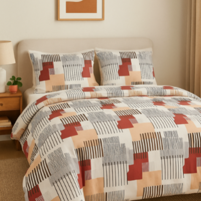 Urban Grid Geometric Bedsheet Set – Maroon, Beige & Grey Abstract Design – Double Bed Bedsheet with Pillow Covers