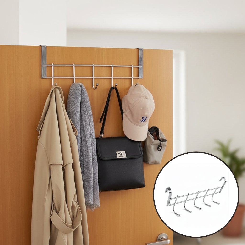 Stainless Steel Hook Hanger with 5 Hooks – Space Saving Organizer for Kitchen, Bathroom & Home Essentials