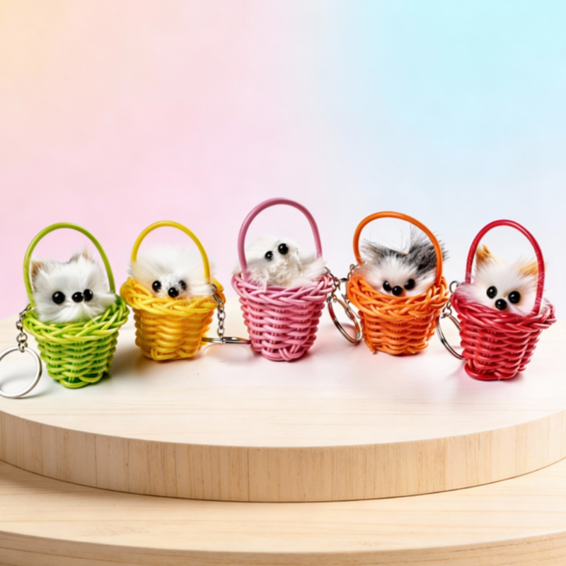 Cute Cat in a Basket Key Chain – Mini Cat Keyring for Keys, Bags & Gifts (Random Color- Pack of 1)