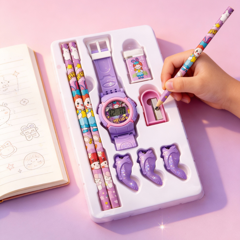 Kids Stationery Set with Watch – Pencil, Eraser, Sharpener & Pencil Gripper Combo (Random color-8-Piece Set)