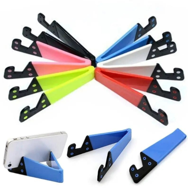V-Shape Universal Foldable Mobile Holder with Keychain – Compact Phone Stand for Desk, Travel & Hands-Free Viewing (Random color-Pack of 1)