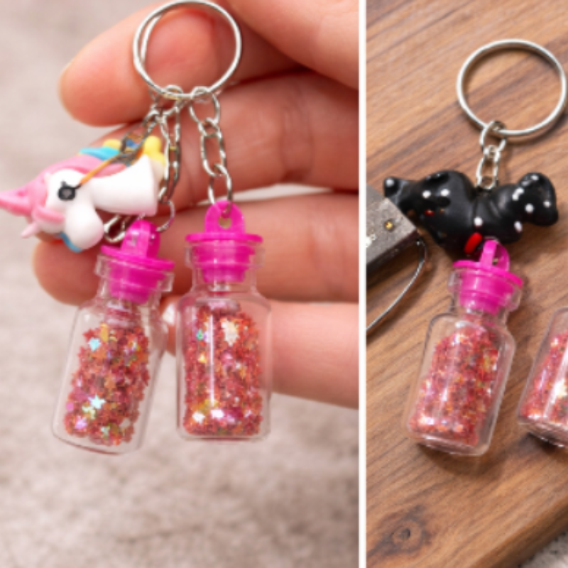 12 Pcs Cartoon Shape Magic Sparkle Bottle Keychain – Cute Decorative Key Rings (Random Keychains)