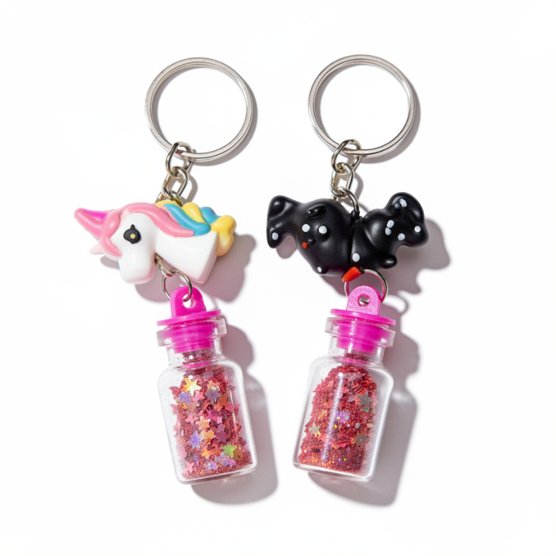 12 Pcs Cartoon Shape Magic Sparkle Bottle Keychain – Cute Decorative Key Rings (Random Keychains)
