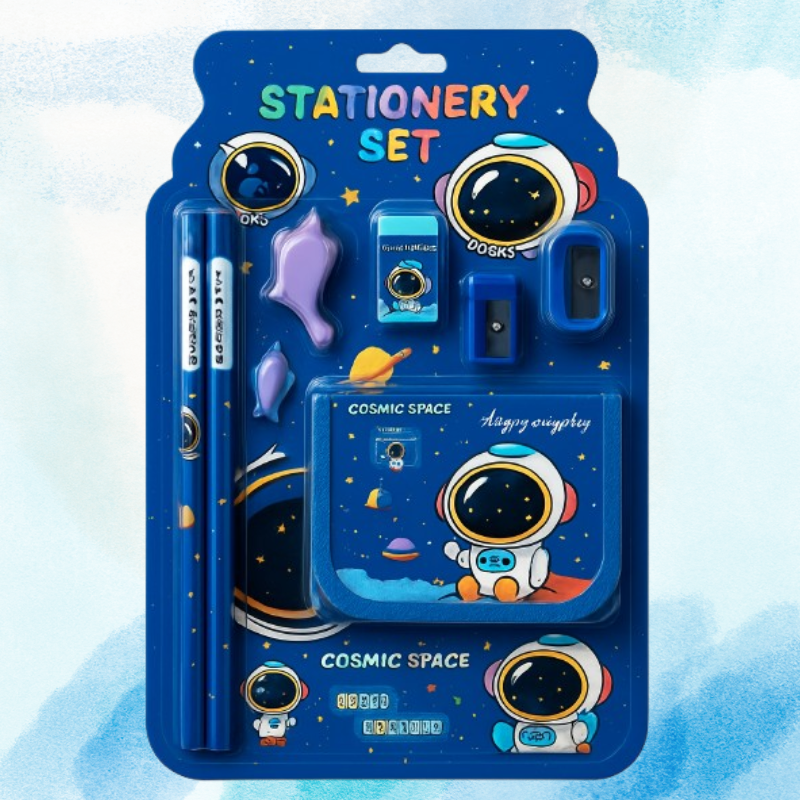 Kids Stationery Set with Wallet – 3 Pencils, Sharpener, Eraser, Pencil Gripper & Scale (Random Theme-8-Piece Set)